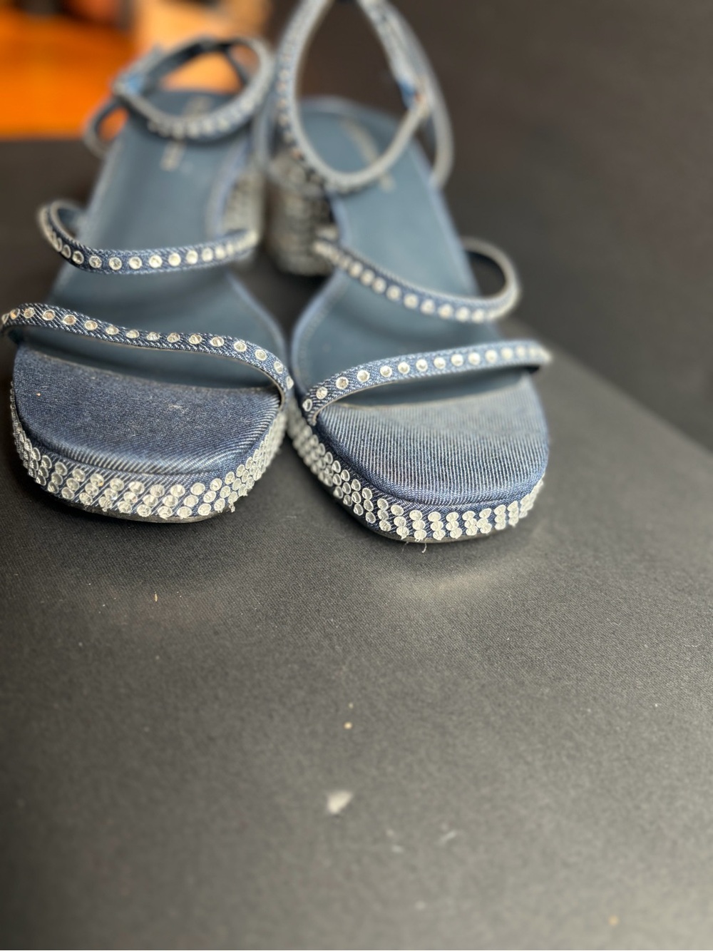 BCBGeneration Blue Rhinestone Block Heel Sandals - Picture 11 of 13